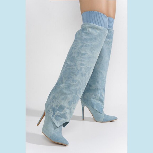 Kiki Blue Light Wash Denim OTK High Heel Skirted Boots - Picture 3 of 7
